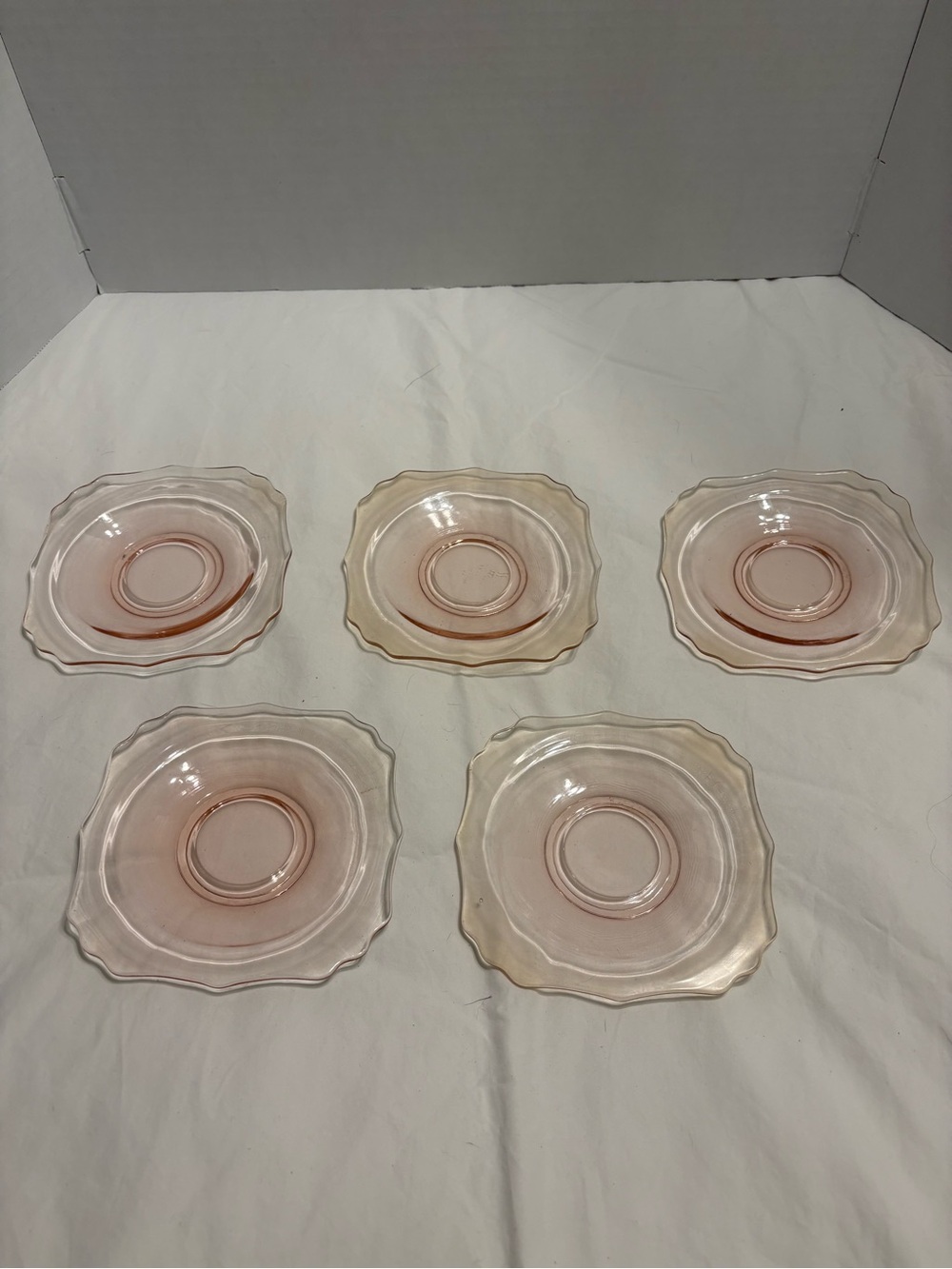 Set Of 5 Pink Depression Glass Square Saucers 5 Inches Ruffled Edge